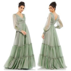 Mac Duggal Long Sleeve Tiered A-Line Gown